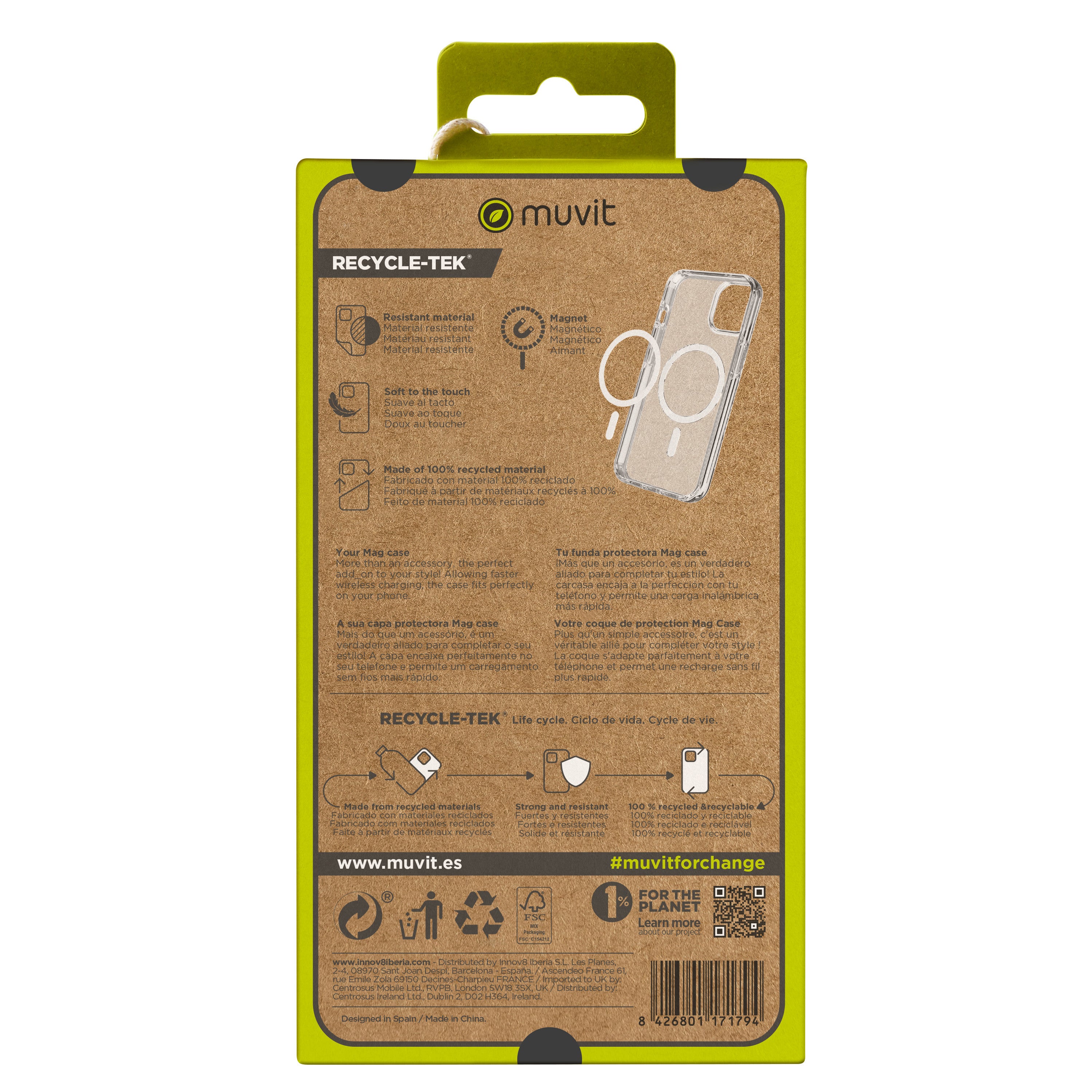 Funda muvit recycletek magsafe + soporte para iphone 15 transparente