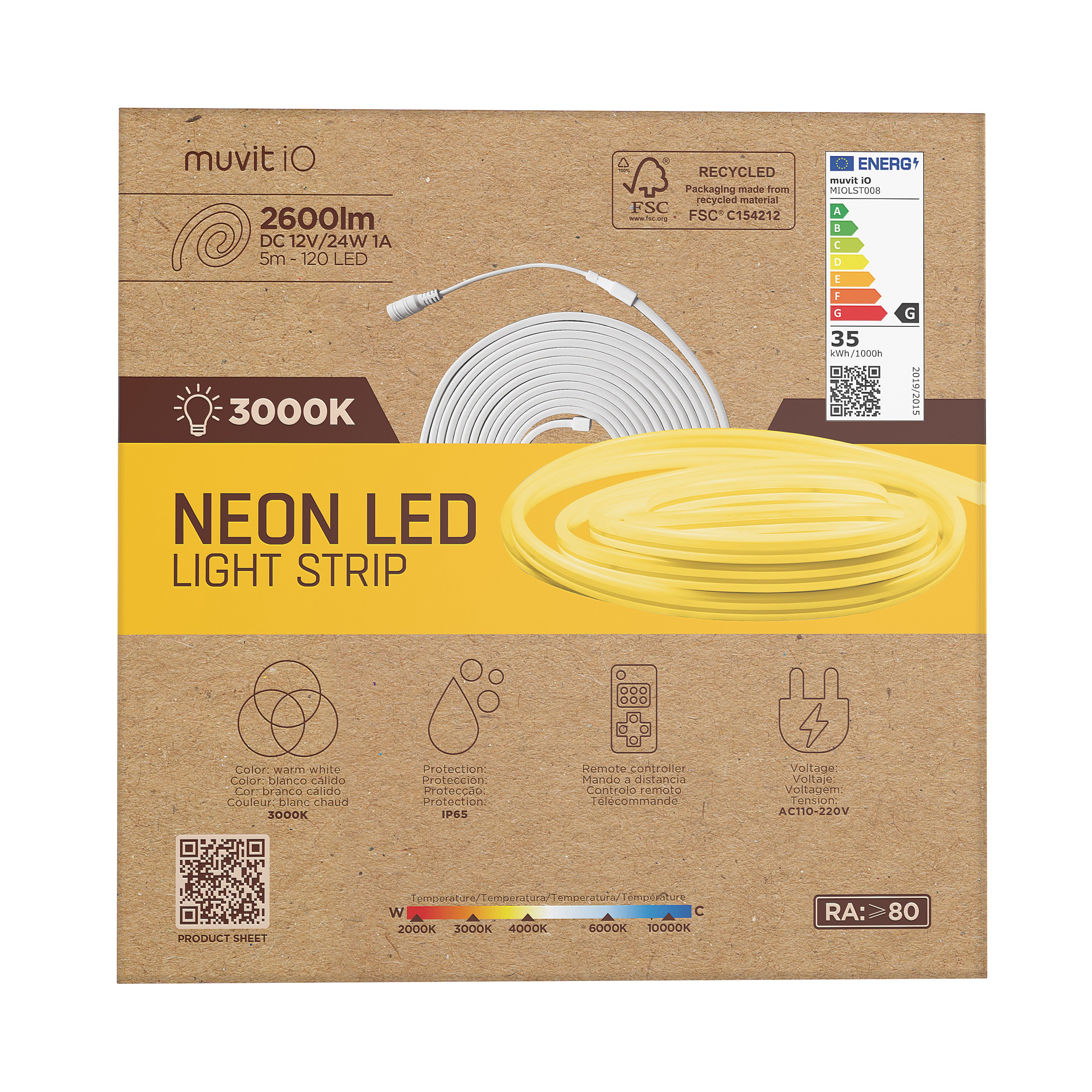 Tira led muvit io neon ip65 3000w 5m blanco calido