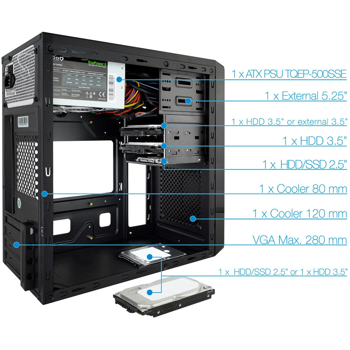 Caja ordenador tooq tqc - 4735u3c - b micro atx mini itx fuente atx 500w incluida