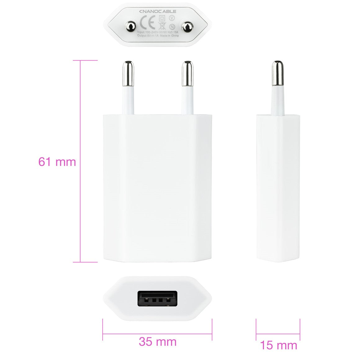 Mini cargador usb nanocable 10.10.2001 5v - 1a iphone blanco