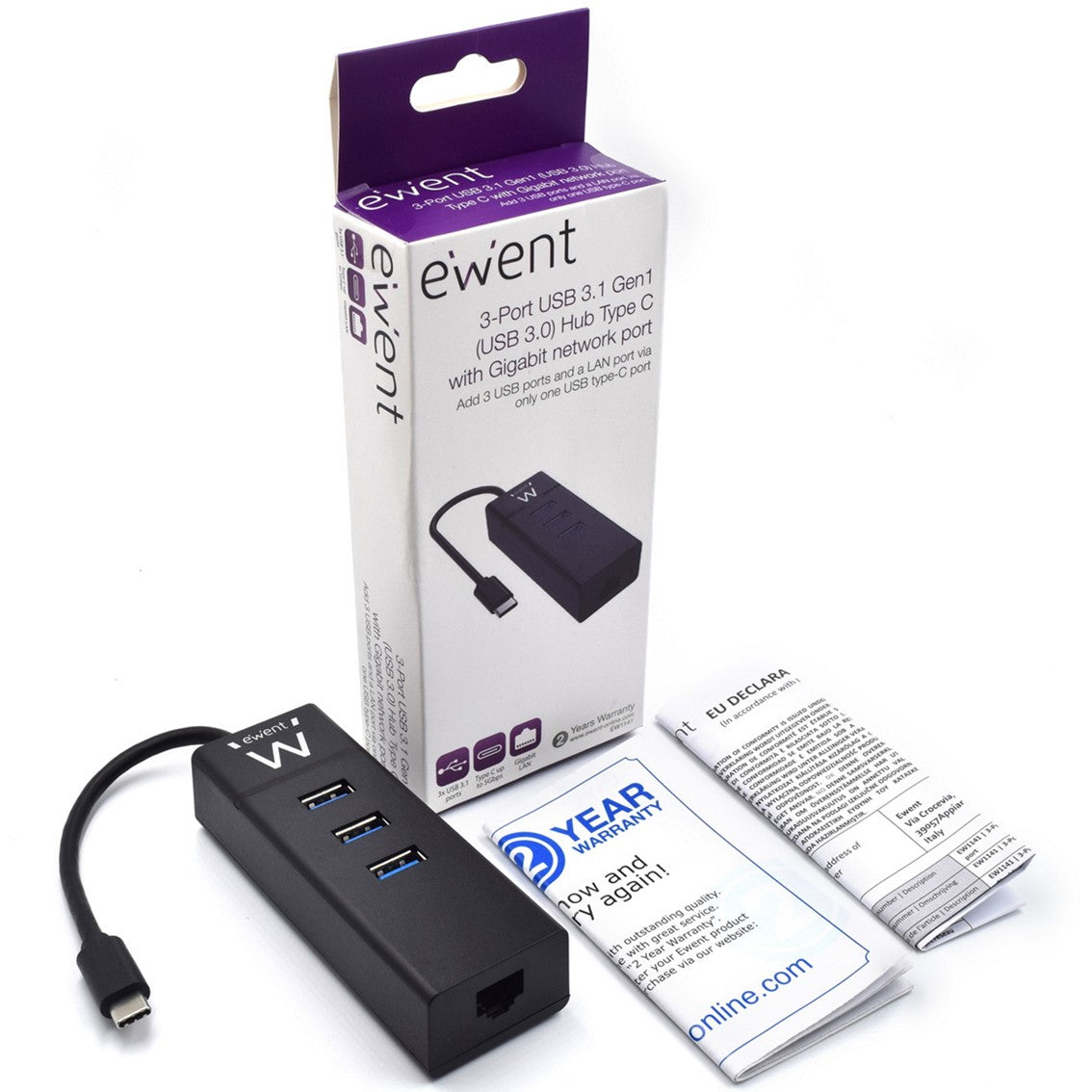 Hub usb ewent 3 puertos - usb 3.1 gen1 - puerto rj45 - negro