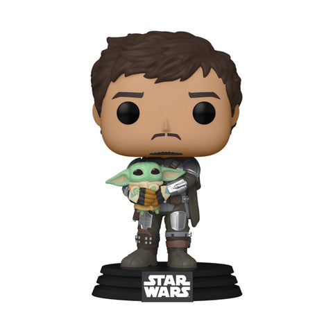 Funko pop star wars the mandalorian mando sujetando baby yoda niño 54525