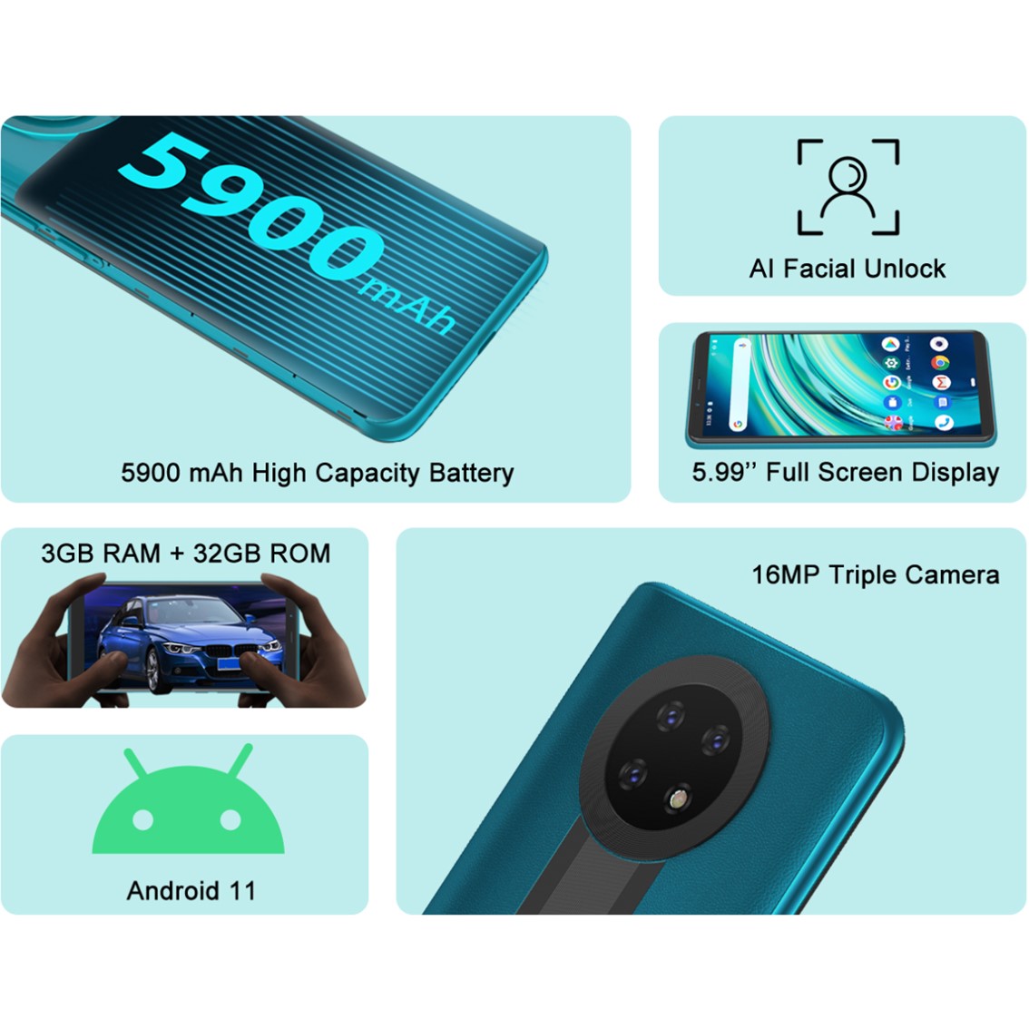 Telefono movil smartphone cubot note 9 verde  5.99pulgadas -  32gb rom -  3gb ram -  16mpx -  5mpx -  octa core -  5900 mah -  face id -  4g - dual sim