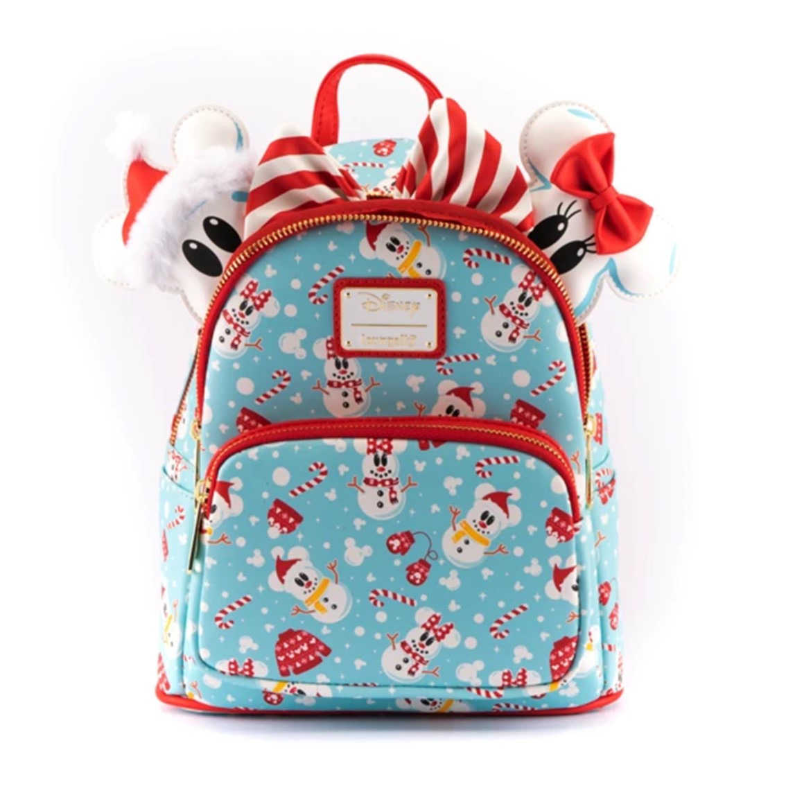 Mochila loungefly disney minnie y mickey muñecos de nieve + diadema