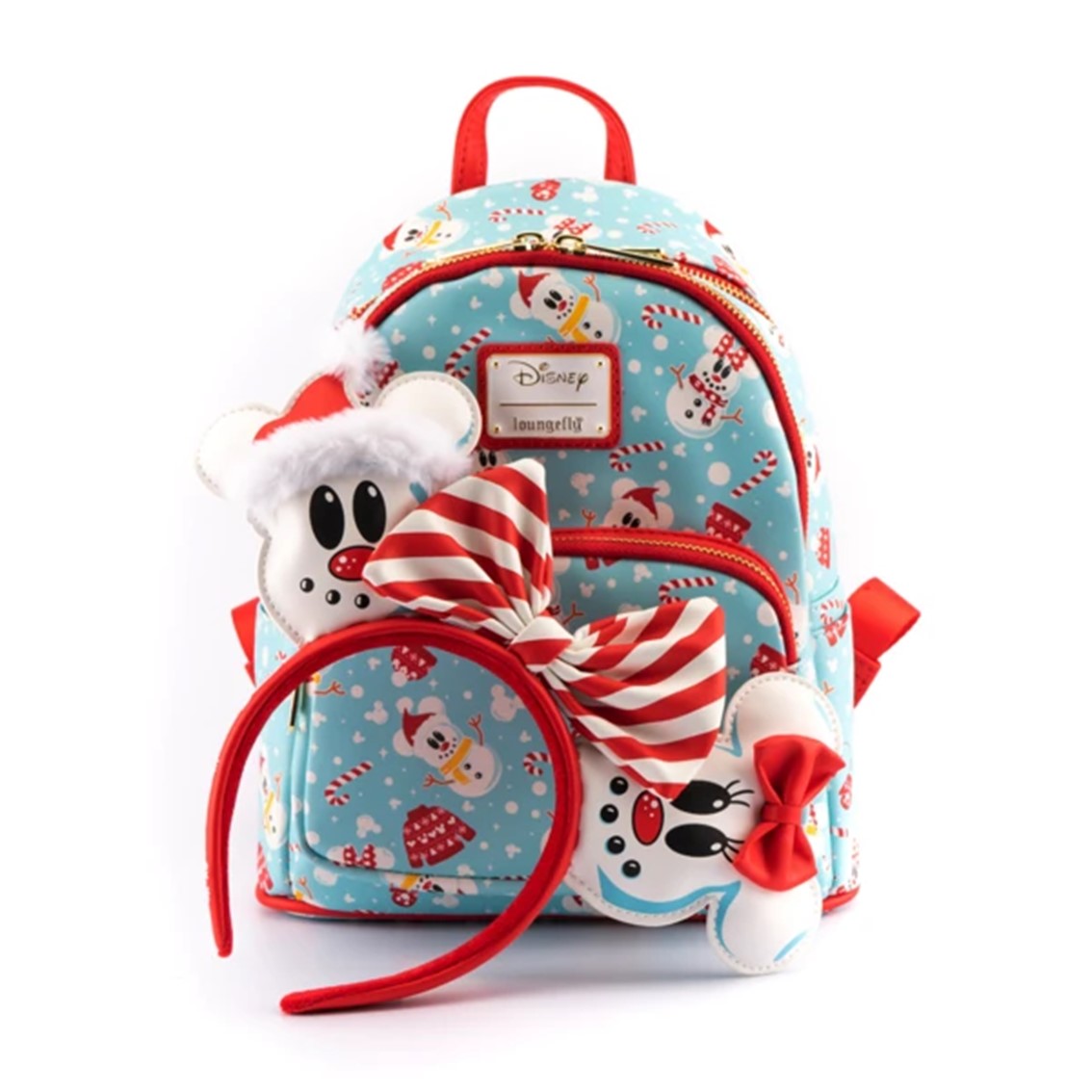 Mochila loungefly disney minnie y mickey muñecos de nieve + diadema