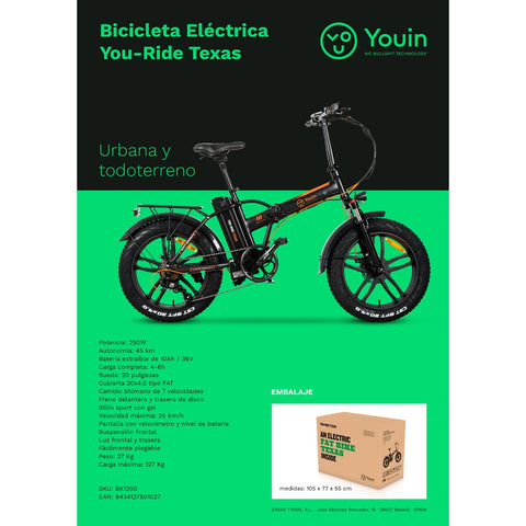 Bicicleta electrica youin you - ride texas - motor 250w -  plegable -  rueda 20pulgadas tipo fat