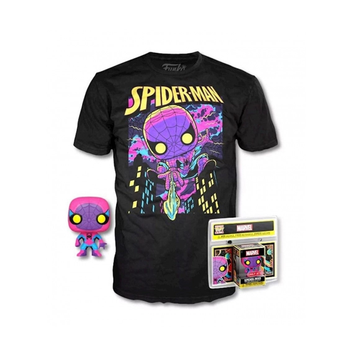 Pop & tee marvel spiderman black light funko + camiseta talla m