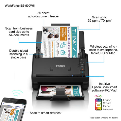 Escaner sobremesa epson workforce es - 500wii a4 -  35ppm -  autoduplex -  alimentador automatico