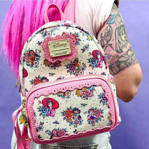 Mochila loungefly disney princesas tatuajes aop mini backpack