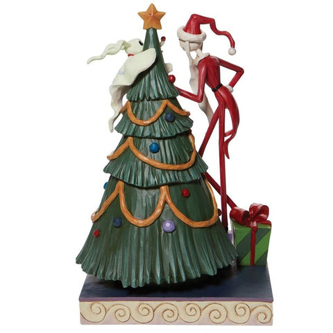 Figura enesco pesadilla antes de navidad santa jack y zero junto a arbol de navidad