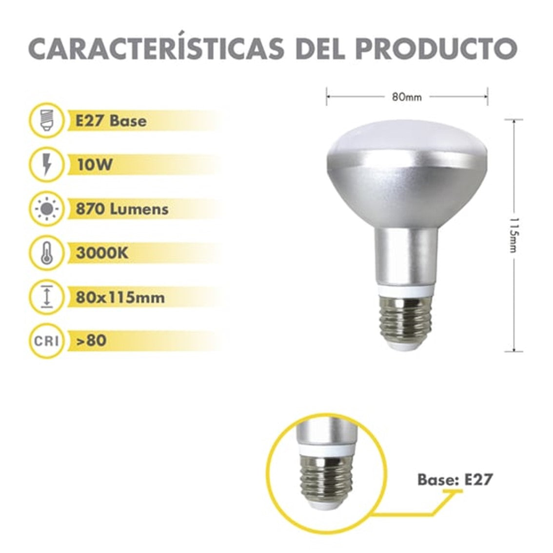 Bombilla led eco silver electronic reflectora r80 -  ip20 -  870 lm -  10w=80w -  e27 -  3000k calida a+