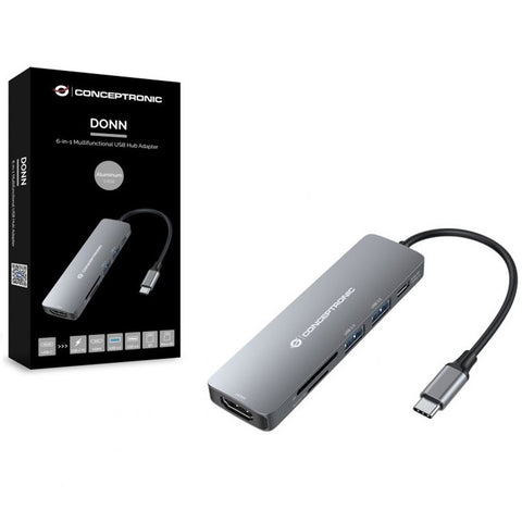 Adaptador usb - c 6en1 conceptronic donn11 -  hdmi usb 3.0 - lector sd