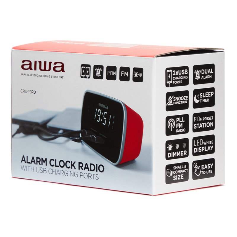 Radio reloj despertador aiwa cru - 19 1.5w rms 2 x usb rojo