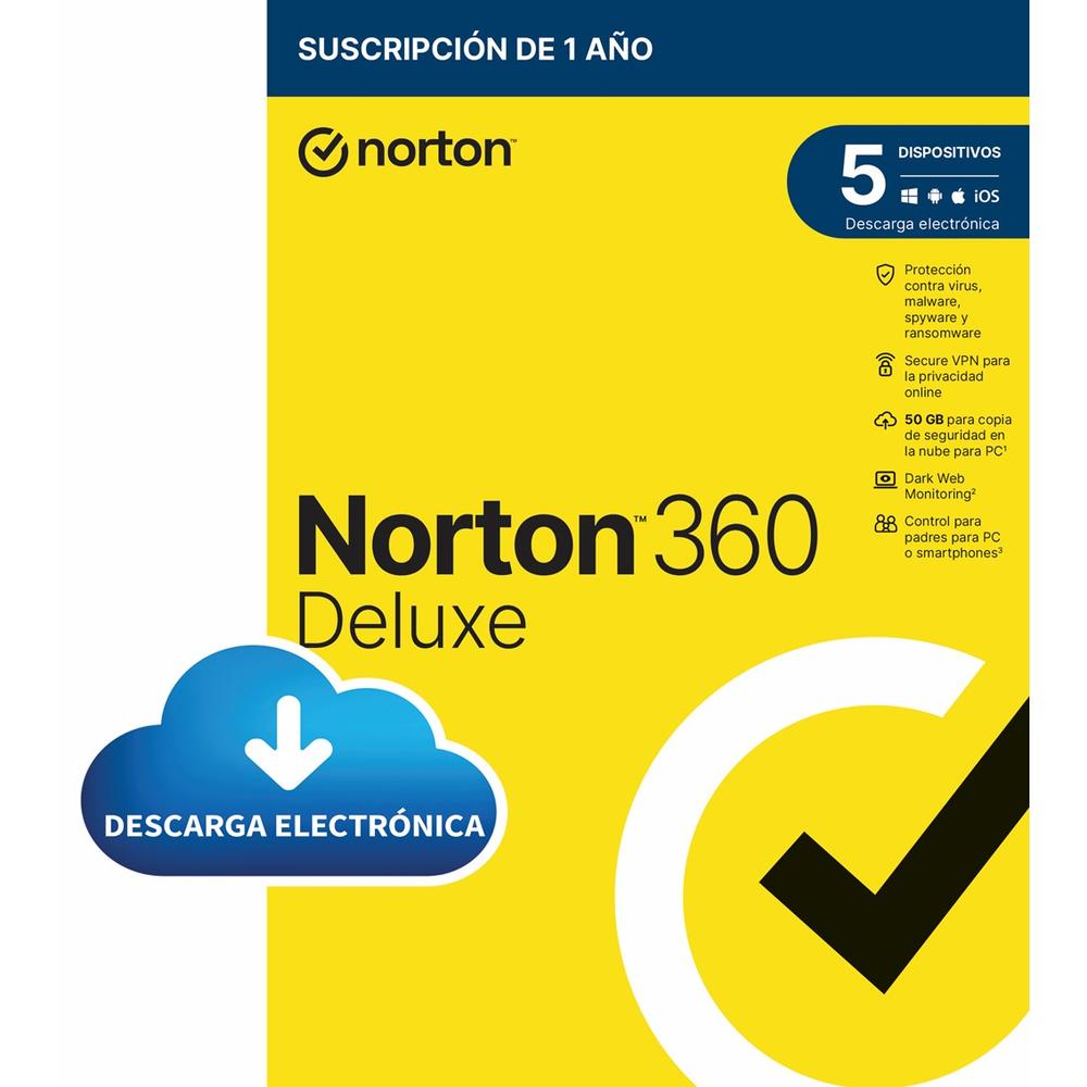 Antivirus norton 360 deluxe 50gb español 1 usuario 5 dispositivos 1 año esd electronica  drmkey gum