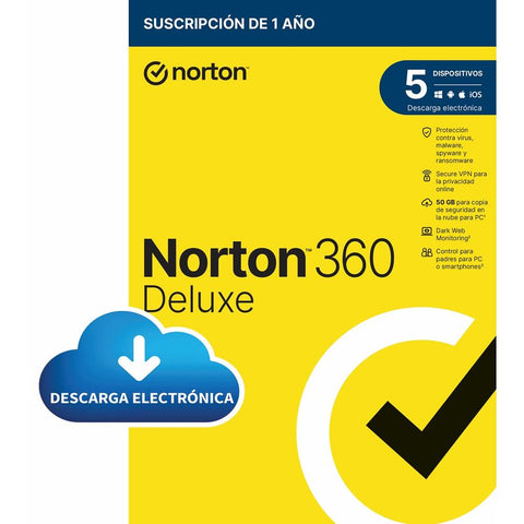 Antivirus norton 360 deluxe 50gb español 1 usuario 5 dispositivos 1 año esd electronica  drmkey gum