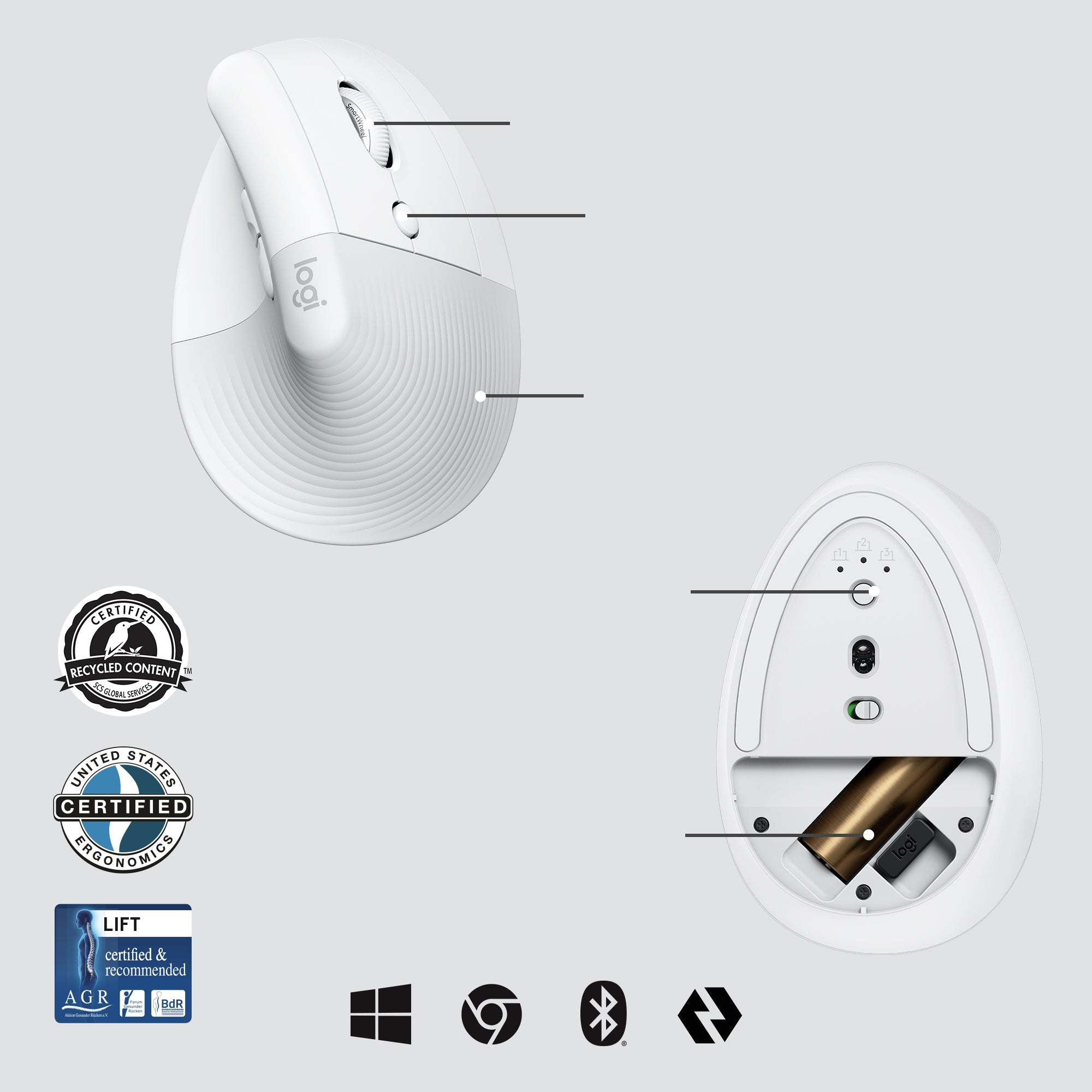 Mouse raton vertical logitech lift for business 6 botones 4000 dpi wireless inalambrico blanco hueso