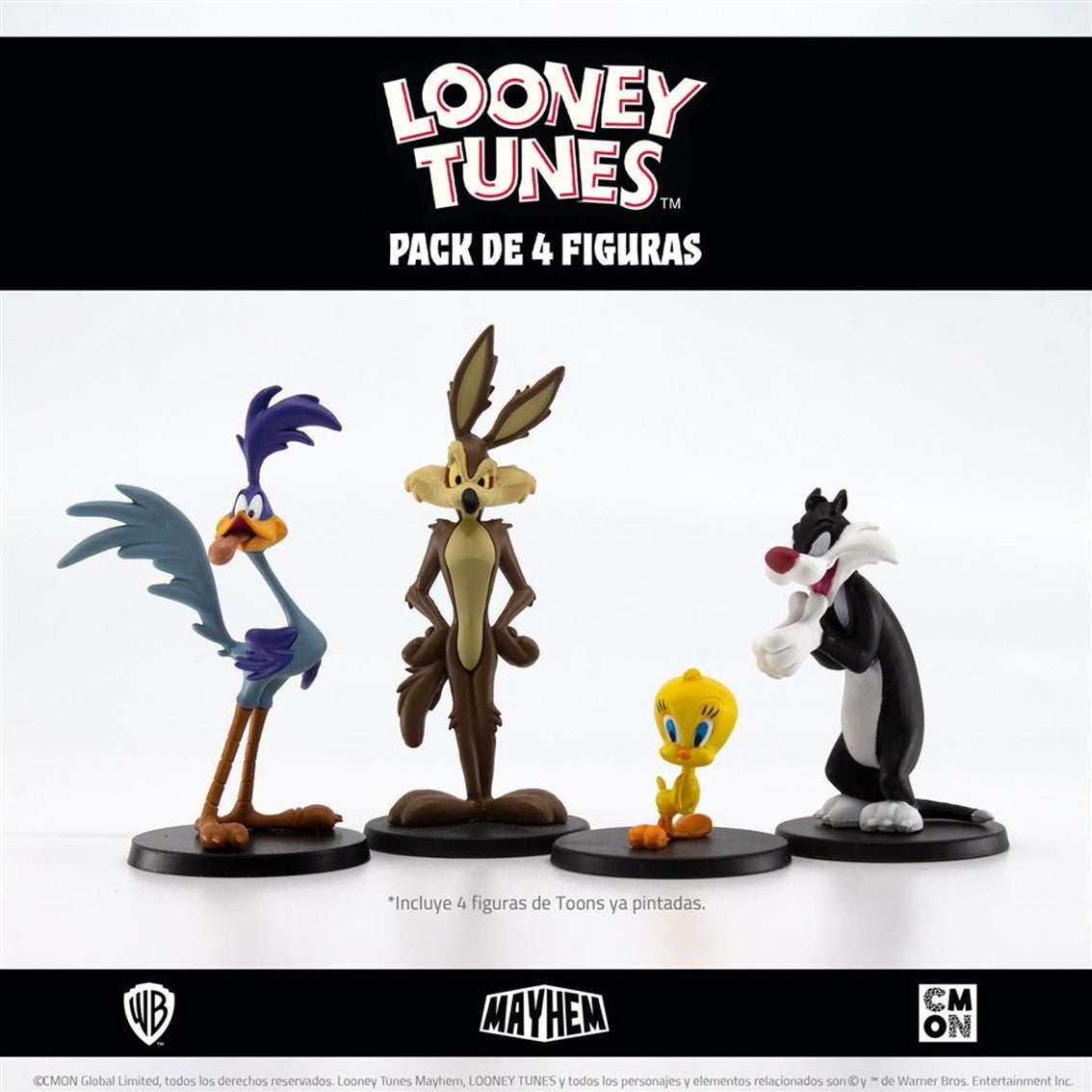 Juego de mesa looney tunes mayhem pack de 4 figuras pegi 10