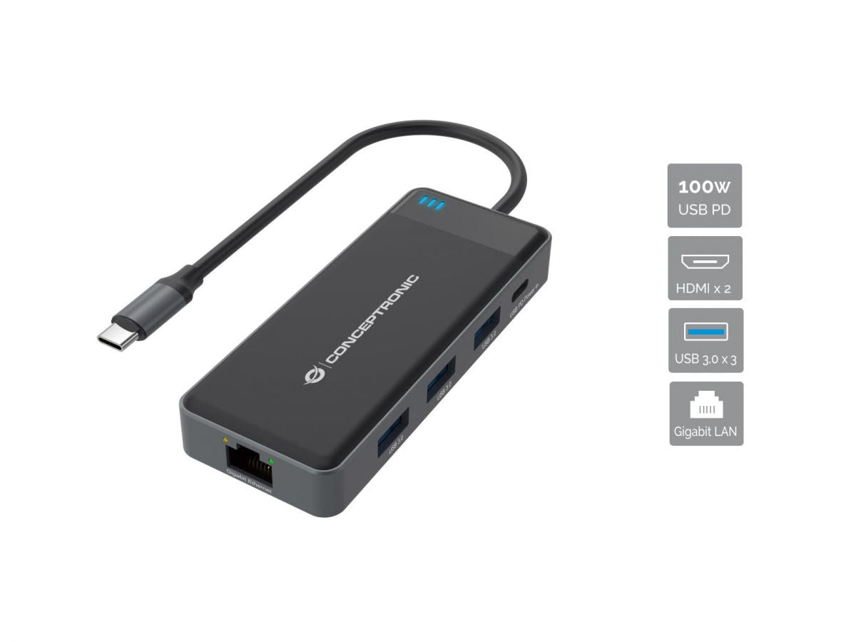 Adaptador conceptronic usb tipo c a gigabit ethernet rj45 -  con hub usb 3.2 3 puertos -  usb tipo c