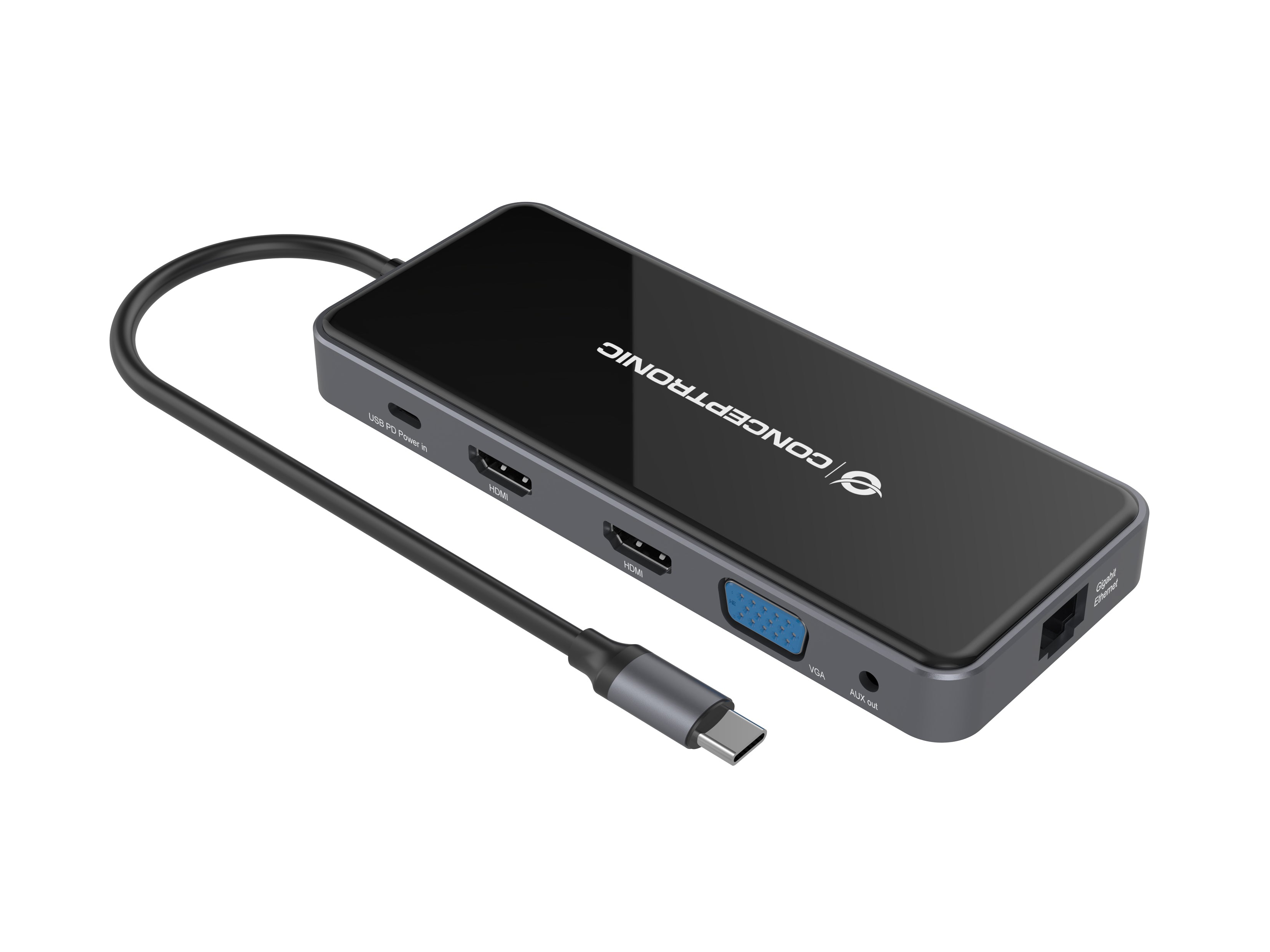 Adaptador conceptronic usb tipo c a gigabit ethernet rj45 -  hdmi -  vga -  con hub usb 3 puertos -  usb tipo c -  lector de tarjetas