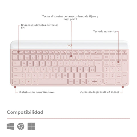 Teclado + mouse logitech mk470 wireless inalambrico rosado