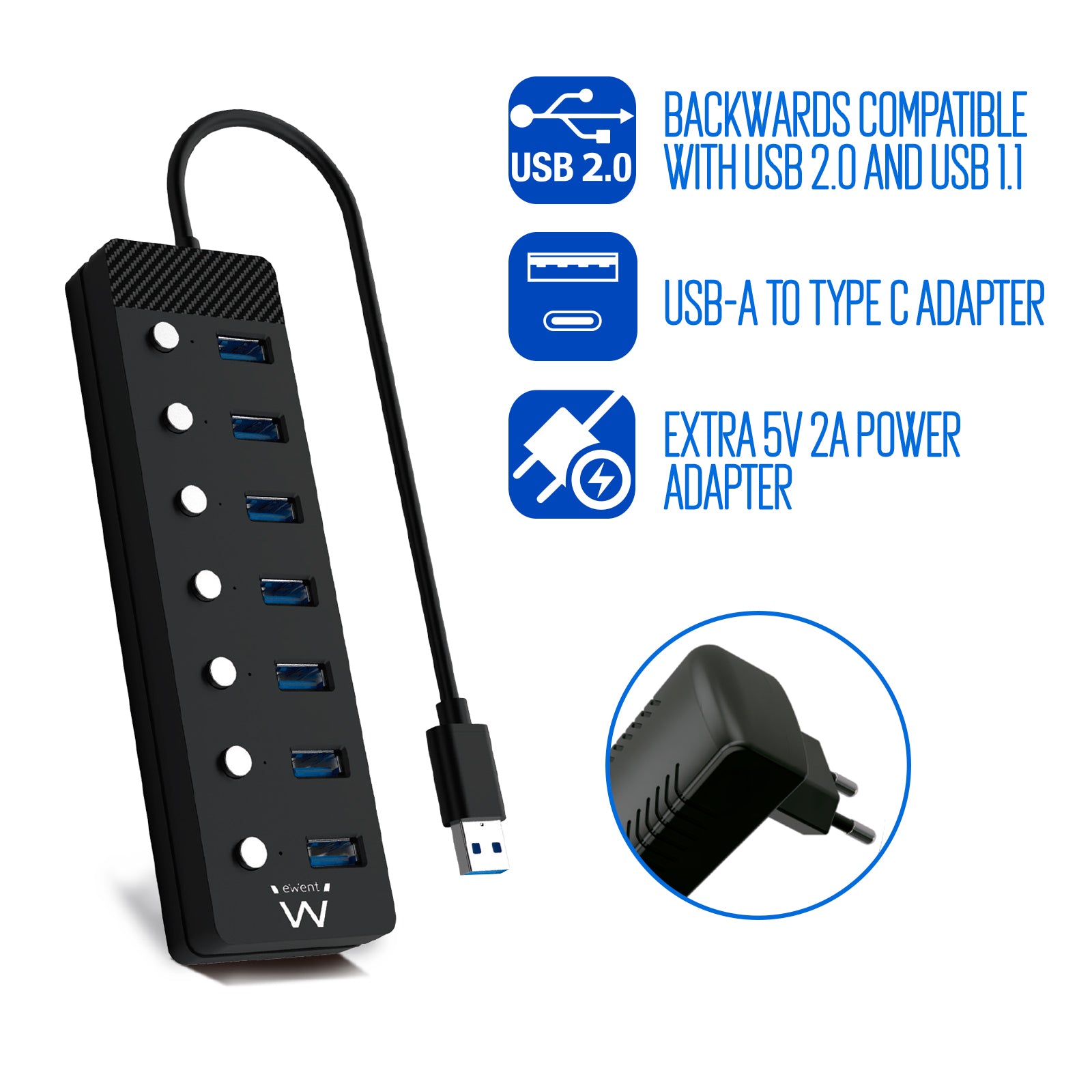 Hub ewent 7 puertos usb 3.0 + interruptor - usb tipo a + adaptador usb tipo c