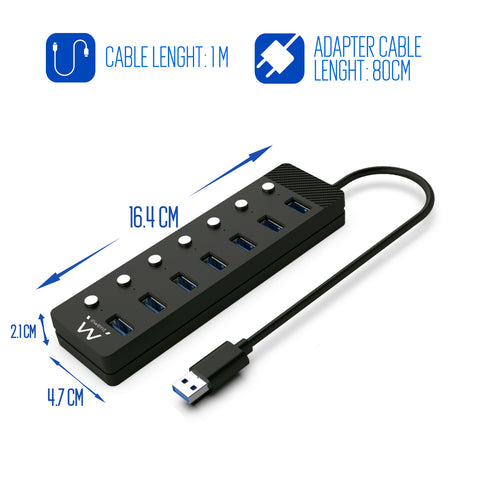 Hub ewent 7 puertos usb 3.0 + interruptor - usb tipo a + adaptador usb tipo c