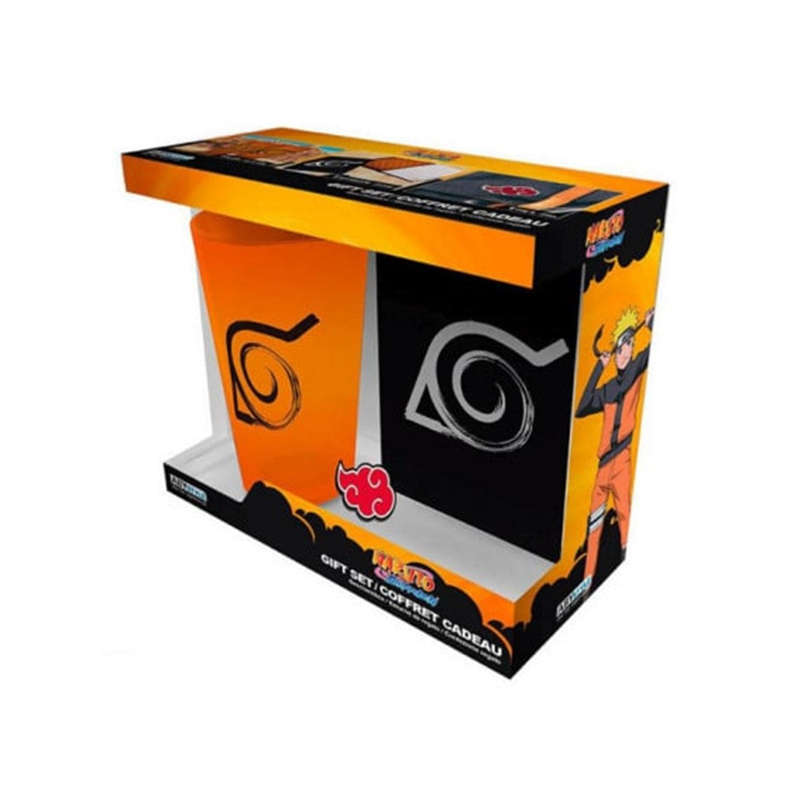 Pack especial abystyle naruto shippuden 3 articulos libreta konoha vaso largo xxl & pin akatsuki