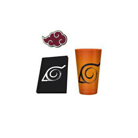 Pack especial abystyle naruto shippuden 3 articulos libreta konoha vaso largo xxl & pin akatsuki