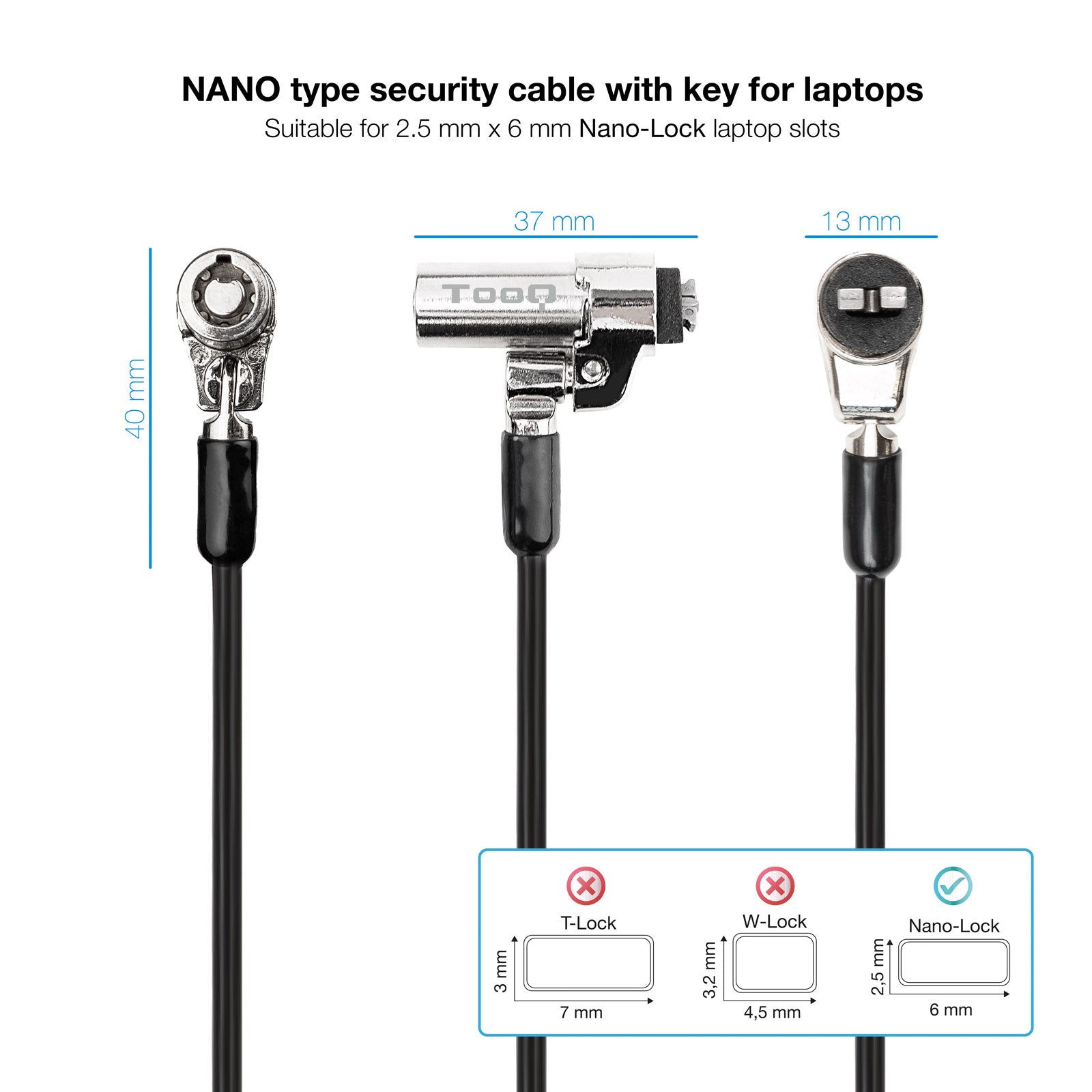 Cable seguridad tipo nano tooq con llave para portatil 1.5m