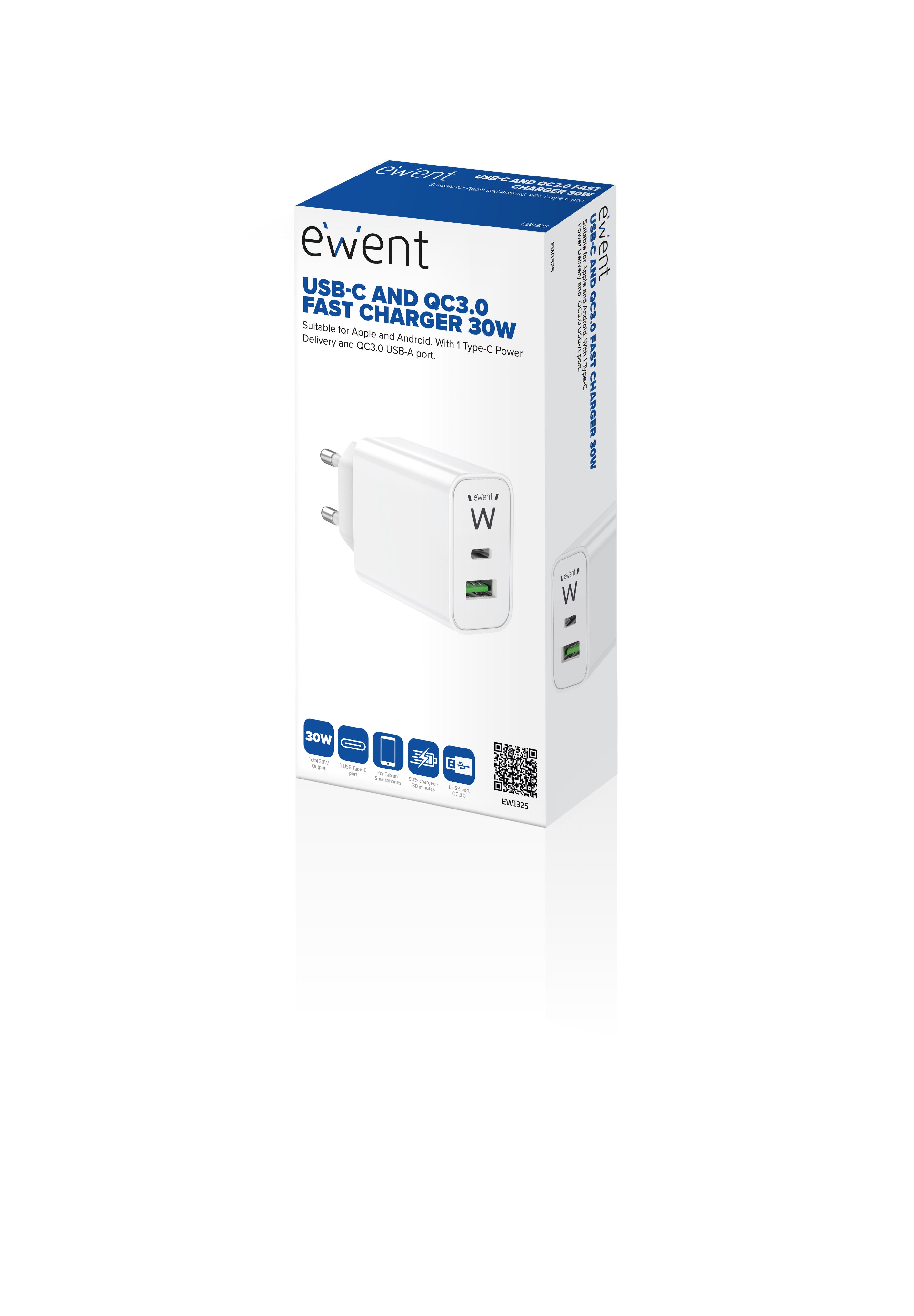 Cargador ewent ew1325 30w usb tipo a - usb tipo c