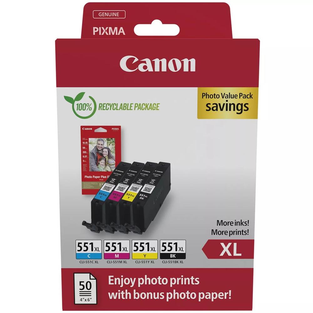 Multipack canon cli - 551xl b - c - m - y + 50 hojas papel fotografico