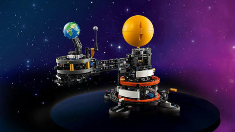 Lego technic planeta tierra y luna en órbita