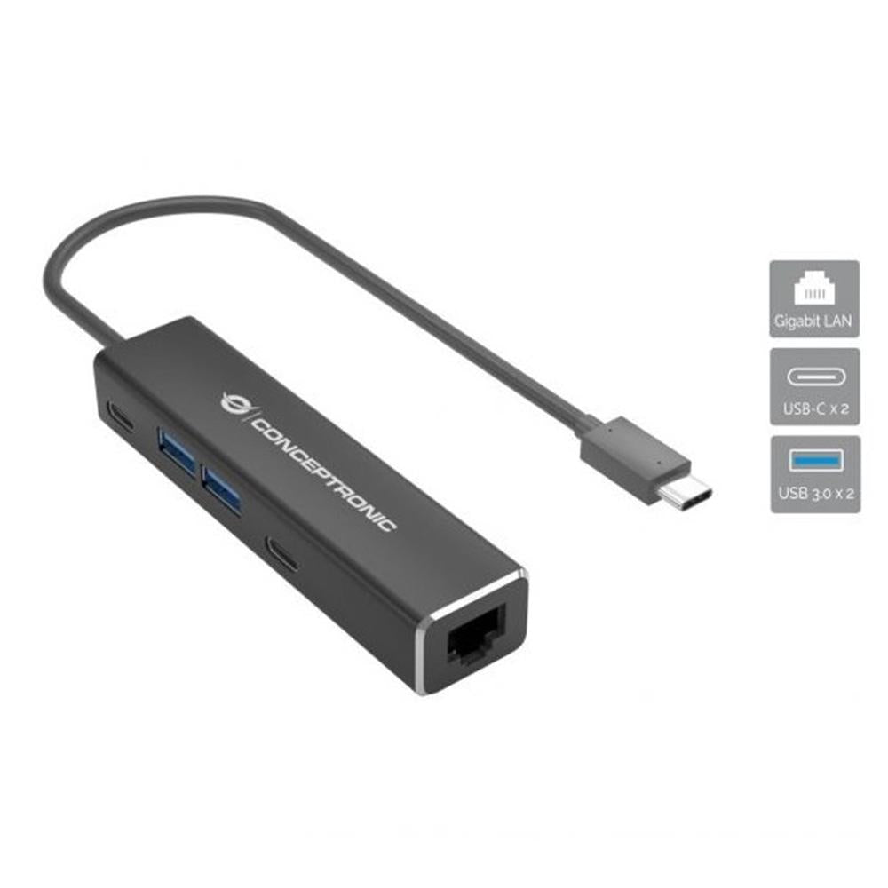 Adaptador usb tipo c a rj45 conceptronic macho - hembra + hub 4 en 1