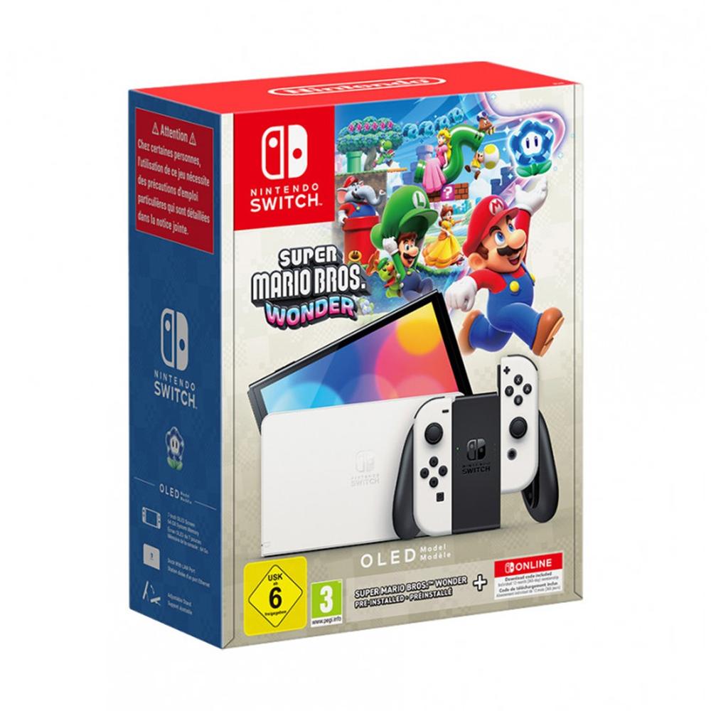 Consola nintendo switch oled blanca + super mario bros wonder + 12 meses nintendo switch online