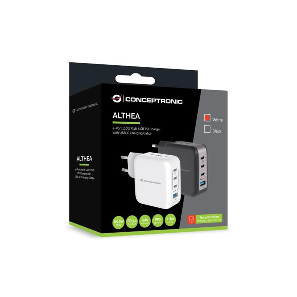 Cargador de pared conceptronic althea18w 100w + cable usb tipo c blanco