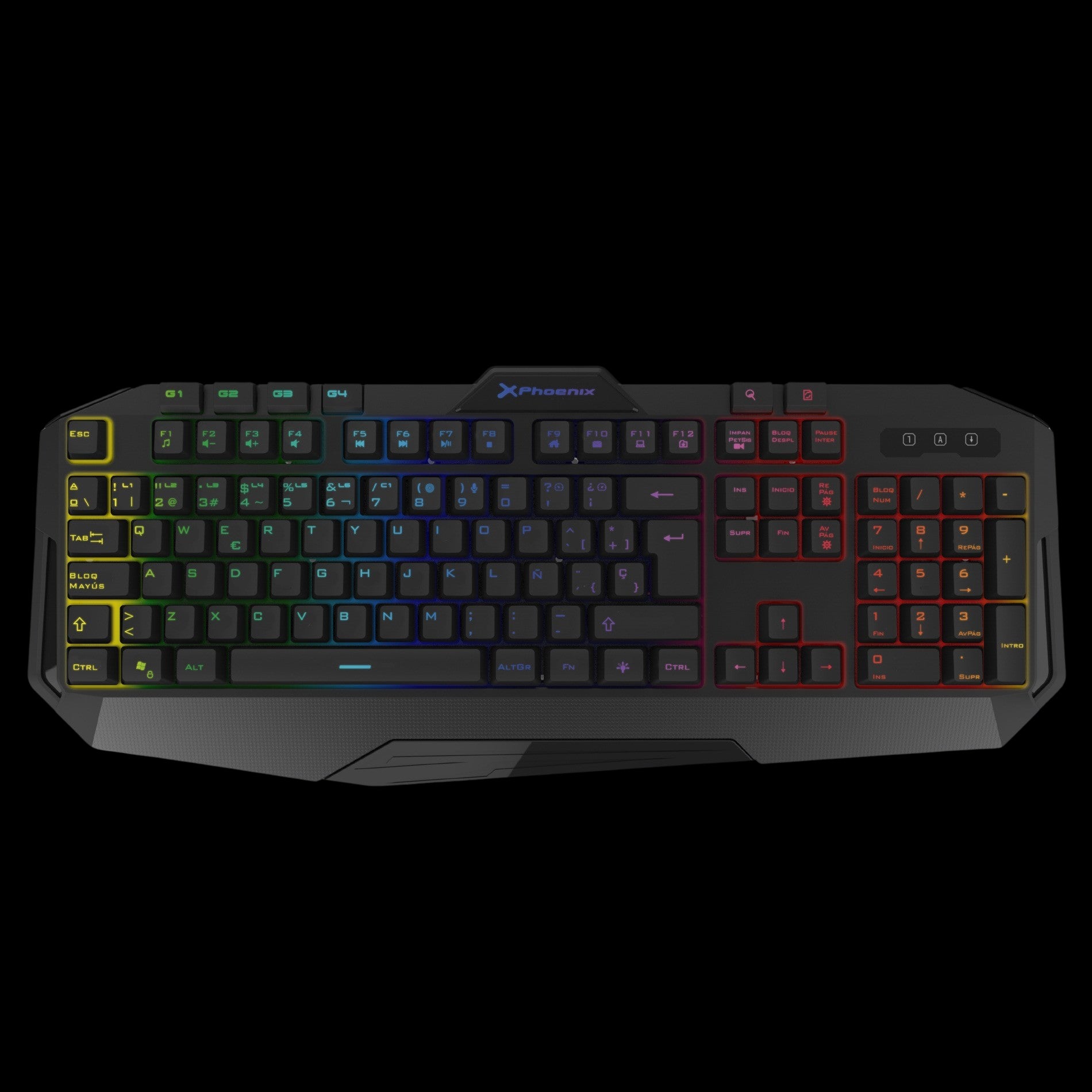 Teclado gaming phoenix con cable luz rgb 9 modos de iluminación 4 botónes macro 12 teclas multimedia