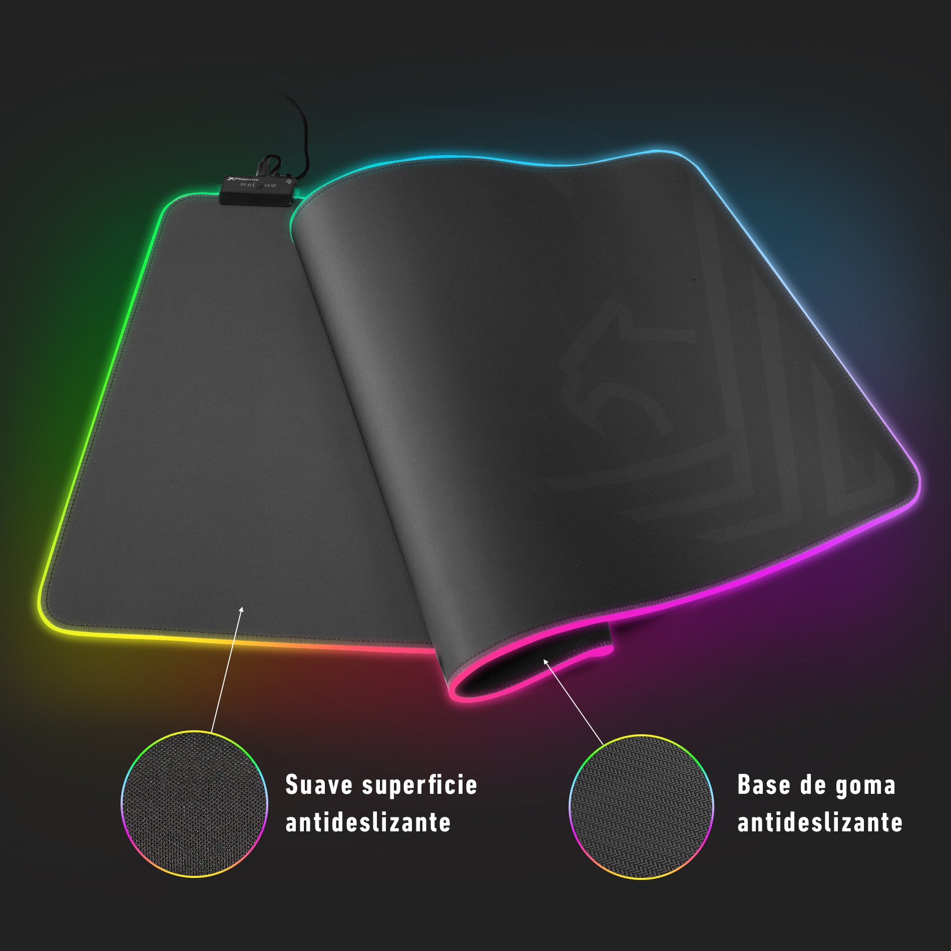 Alfombrilla de raton ordenador gaming phoenix mylus 90cm flexible con borde led rgb extendida - resitente a liquidos