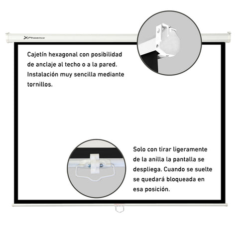 Phoenix -  pantalla de proyección manual plegable 112 pulgadas 2 x 2m formatos 1:1 4:3 16:9 de techo y pared